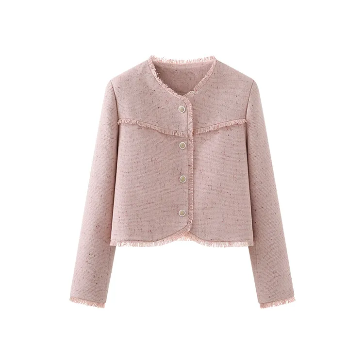 法式高级感温柔甜美气质圆领毛边短款小香风外套女上衣