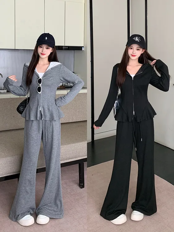 22846 胖mm大码女休闲修身双拉链外套显瘦微喇裤套装