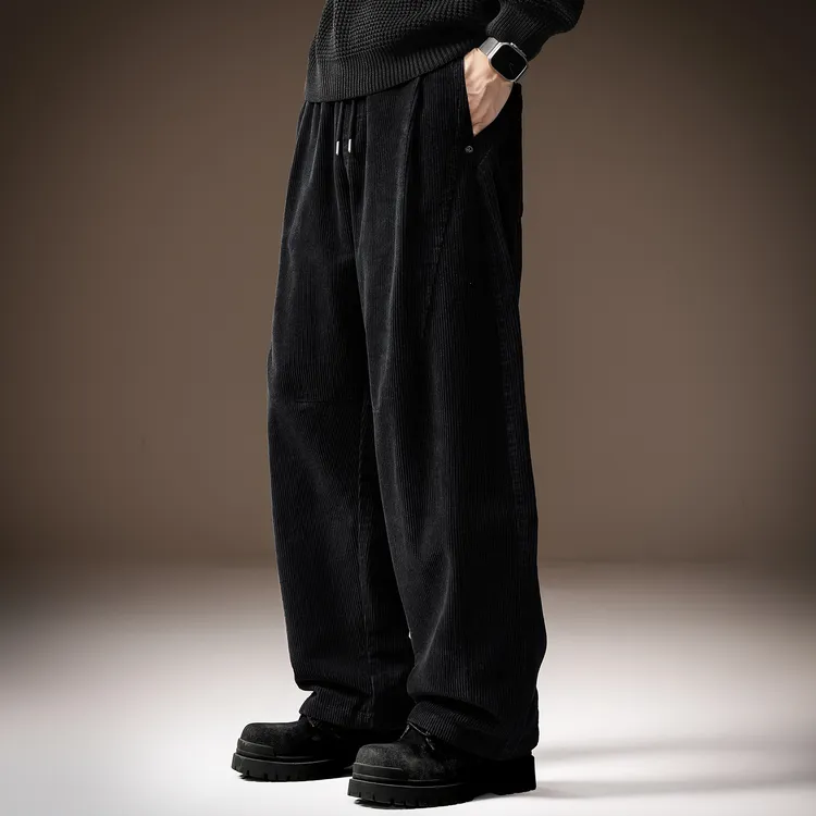 高端重磅慵懒风灯芯绒男士休闲裤秋季厚款宽松直筒阔腿老爹弯刀裤