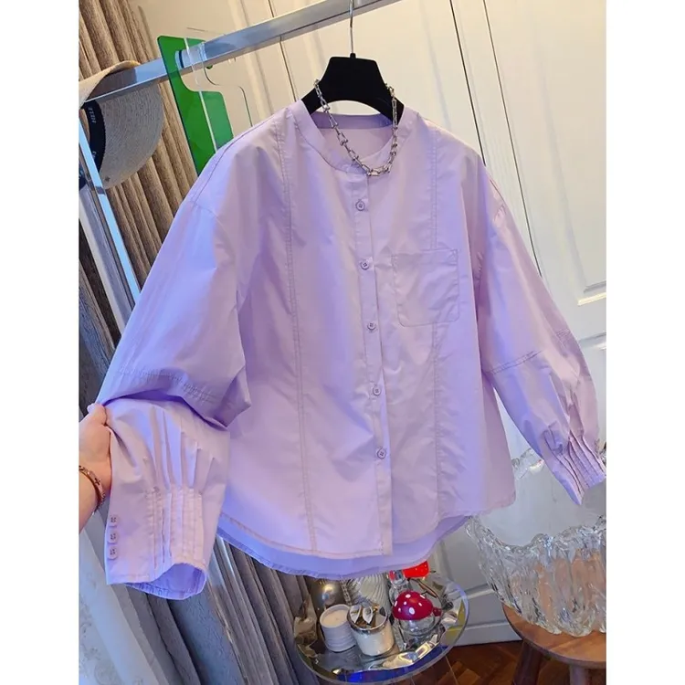 6174独特时尚超好看漂亮长袖衬衫宽松小个子上衣女紫色白色夏季款