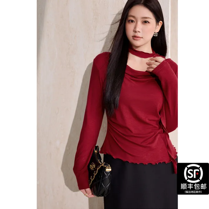 蓝语大码2025秋冬新款红色飘带荡领羊毛上衣韩系百搭针织收腰毛衣