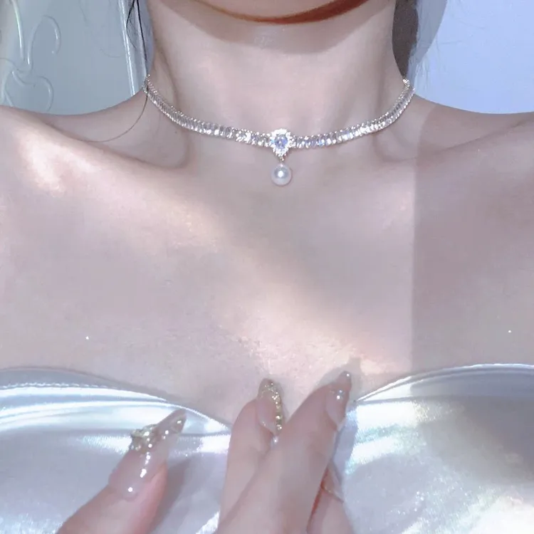 铜合金仿珍珠项链 水晶项链小众设计珍珠锁骨链礼物颈链|芬兰小姐