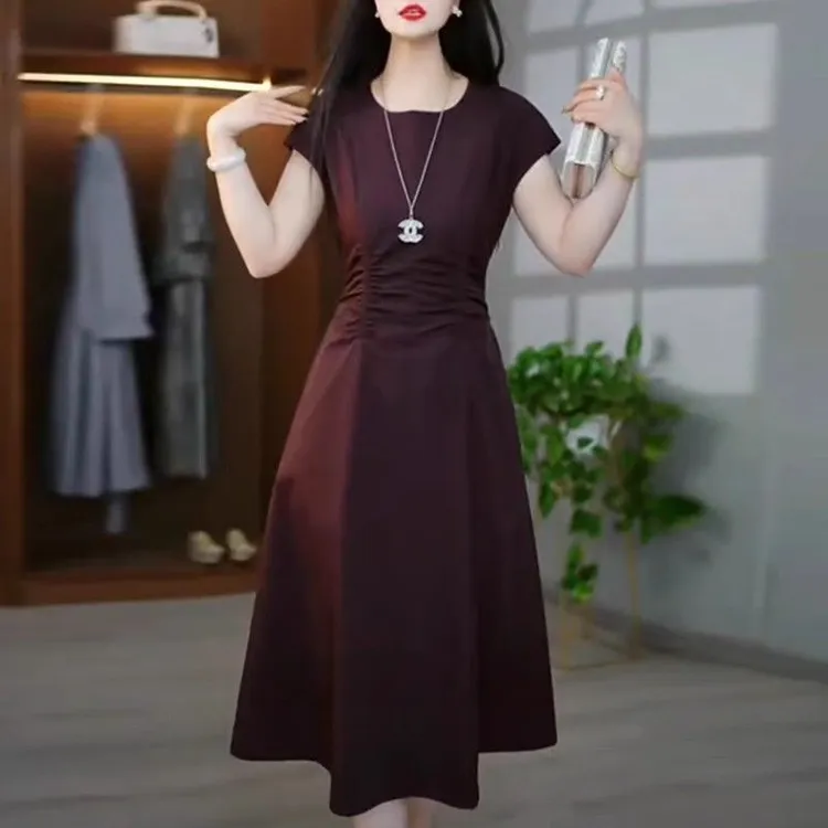 2025显瘦修身连衣裙系带新款夏季气质遮肚子圆领裙子