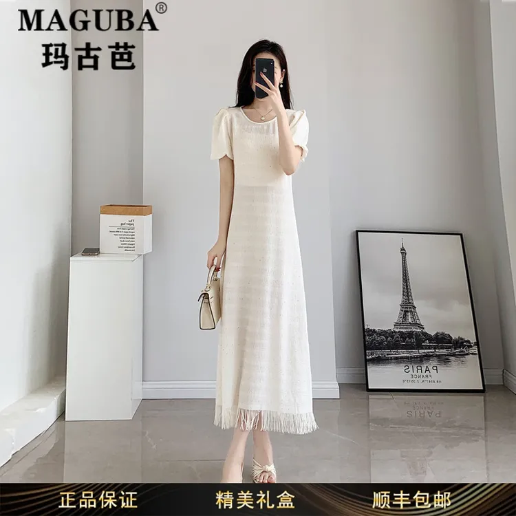 玛古芭女装法式白色连衣裙女时尚新款收腰修身仙女风气质长裙女