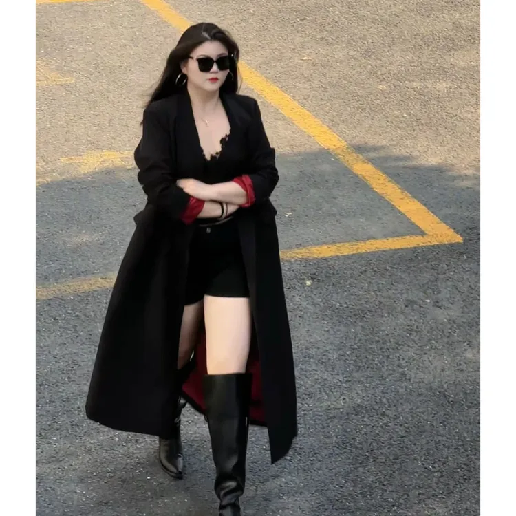 【小稳定制】大码秋冬长款西装羽绒外套女胖mm宽松正肩长款加棉风衣