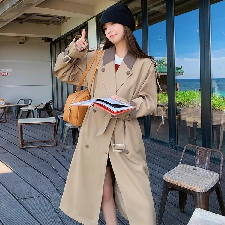 纪诗哲女装韩系长款双排扣风衣外套女秋季新款时尚潮流西装领大衣