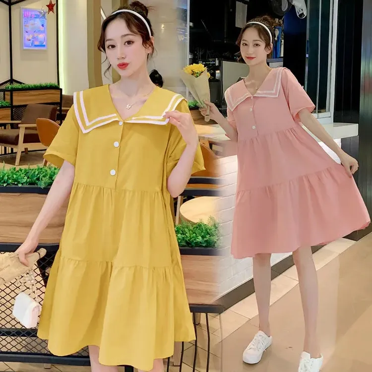 夏季孕妇A字连衣裙新款宽松显瘦中长款甜美海军领超仙森系孕妇裙