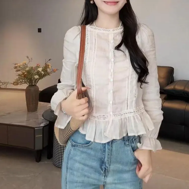 蕾丝小香风短款圆领长袖衬衫女士2025春秋新款百搭高级感法式衬衣