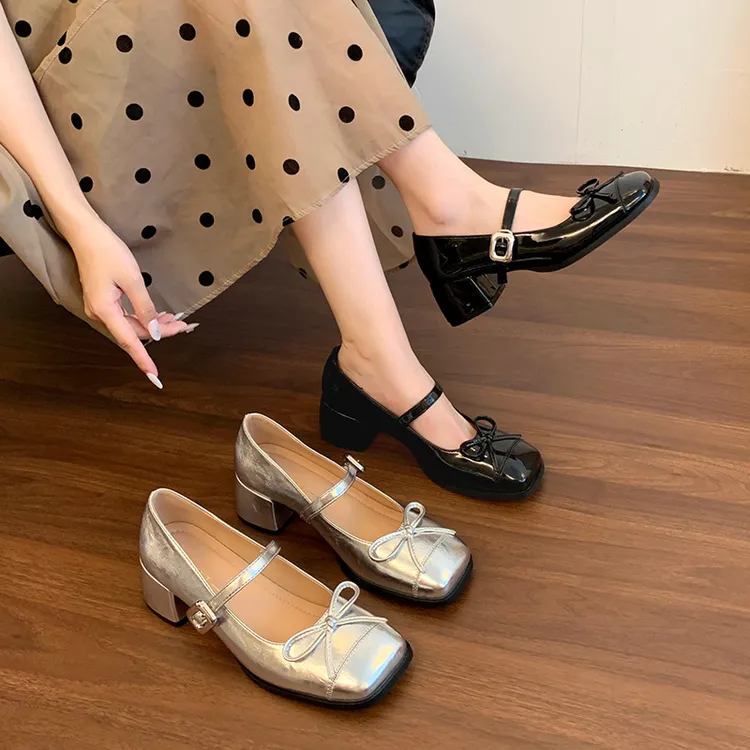 玛丽珍女鞋粗跟方头高跟女单鞋加宽加肥女鞋-