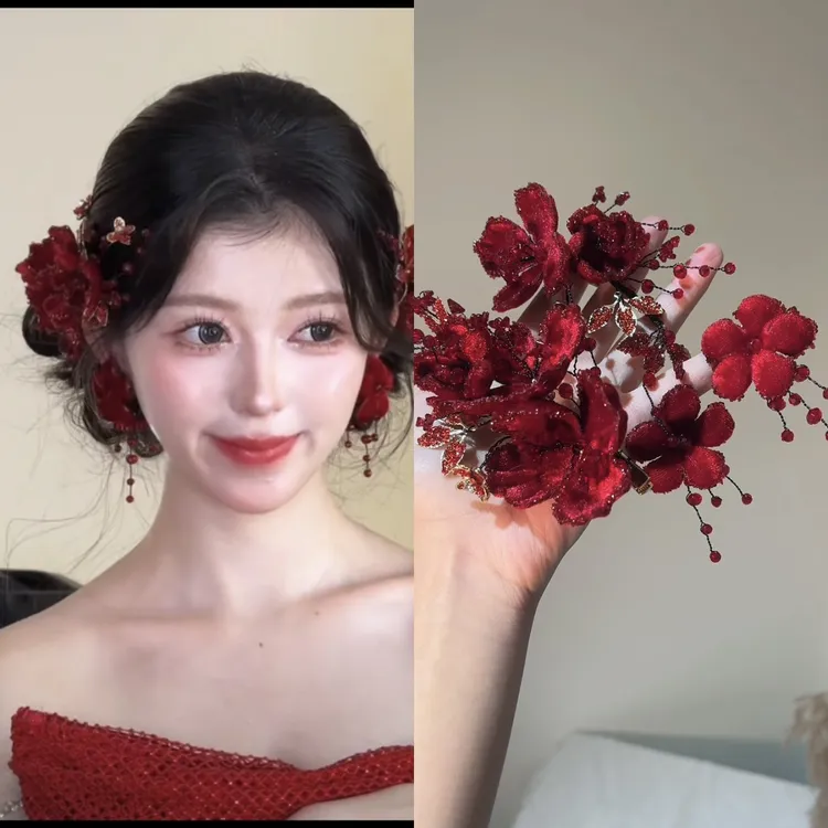 T7116新款酒红色绒花对夹新中式订婚敬酒头饰