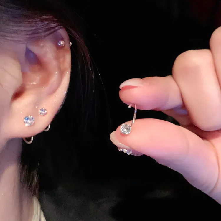 925银针锆石耳骨钉耳钉女小巧养耳洞免摘耳环小众设计高级感耳饰