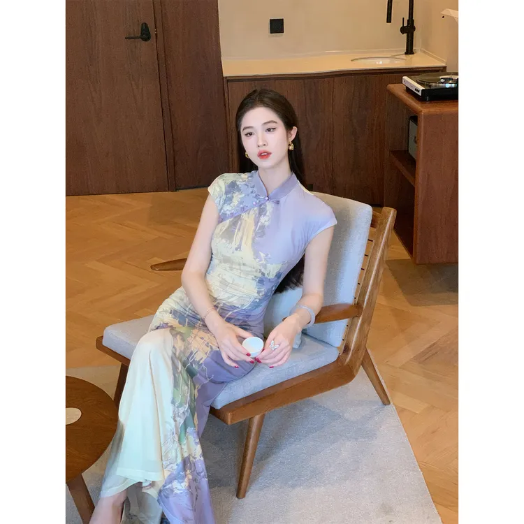 凌茜恣禾【染阔】国风新中式撞色紫色鱼尾旗袍气质韵味氛围感旗袍裙