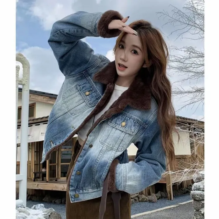 美式复古水洗牛仔外套女2025秋冬新款毛领加绒加厚夹克衫上衣chic