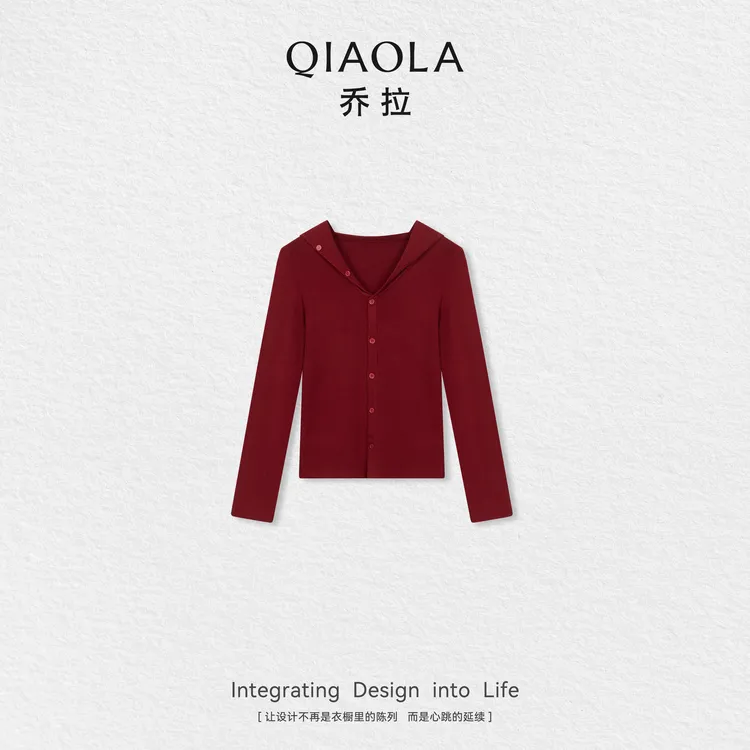 QIAOLA/乔拉【红豆恋人】秋季羊毛海军领纽扣简约百搭气质上衣预售