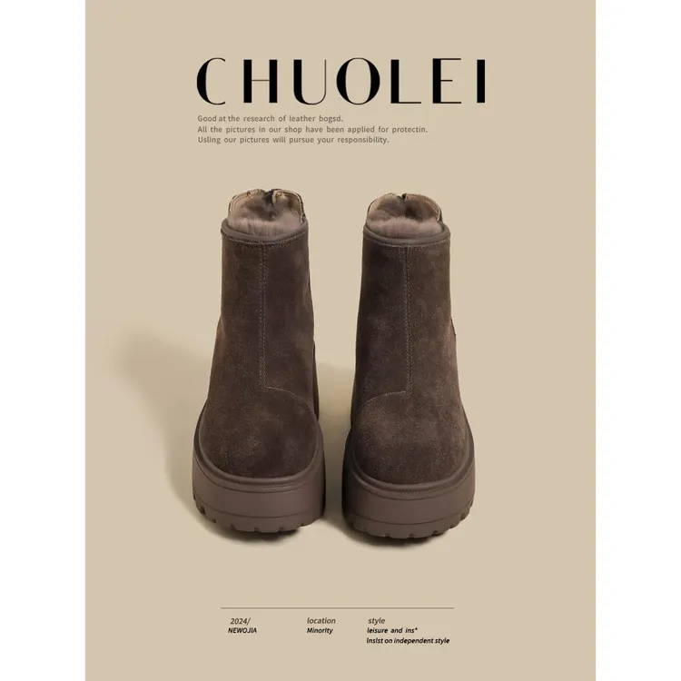 厚底厚底质女鞋2025秋冬新款羊毛衬里棕色毛小增高雪地短靴
