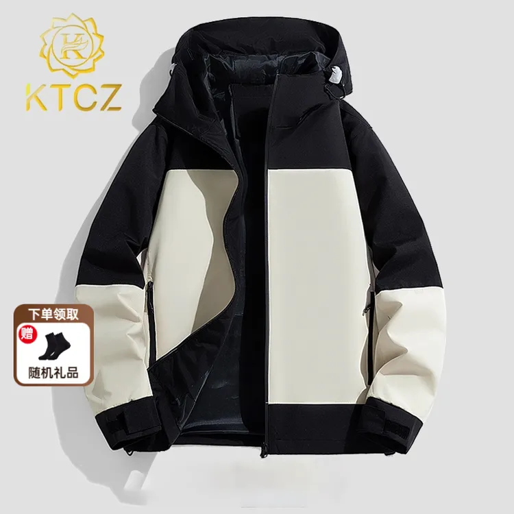 KTCZ春秋新款夹克外套男连帽宽松大码拼接情侣防泼水冲锋衣