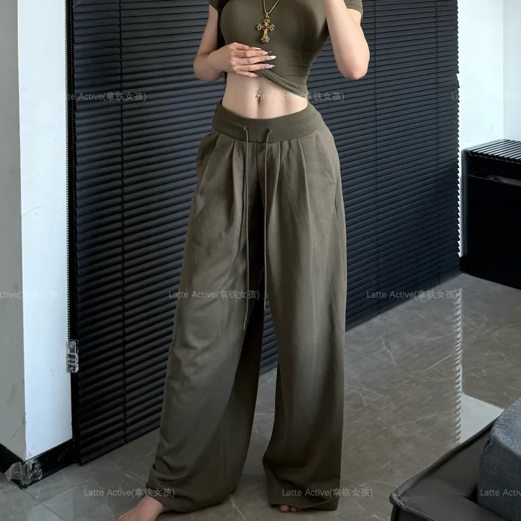 拿铁女孩抽绳阔腿裤女宽松显瘦休闲运动卫裤高腰百搭运动裤健身裤