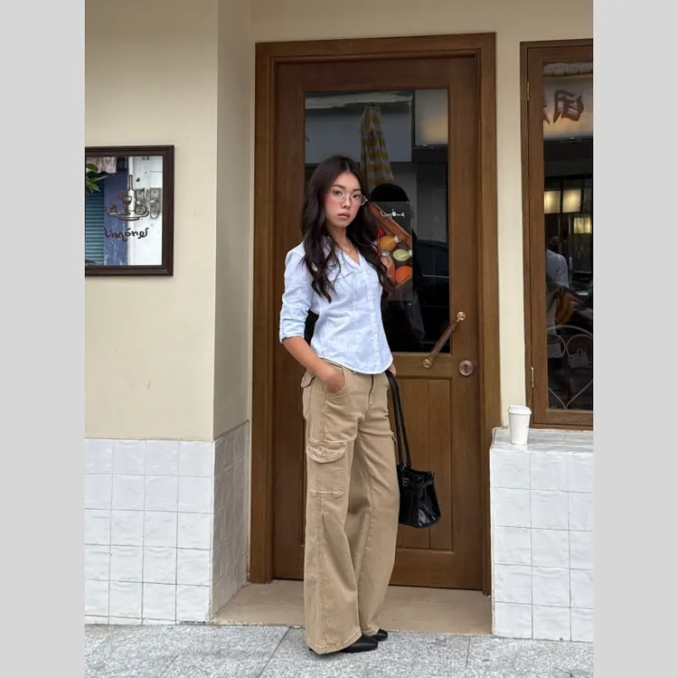 MIMIETTE小个子中腰弹力微喇卡其色牛仔裤2025秋冬多口袋工装裤子
