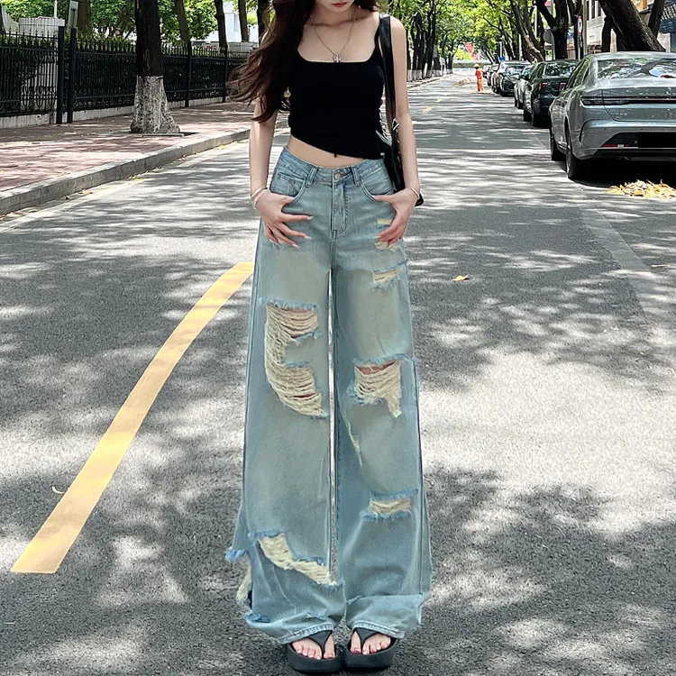 高街前后破洞牛仔裤女2025秋季新款高腰显瘦窄版小个子阔腿直筒裤