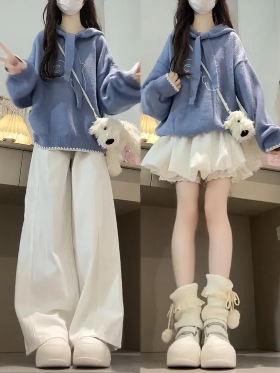 2025秋季新款韩系复古系带连帽蓝色针织毛衣女搭配半身短裙两件套