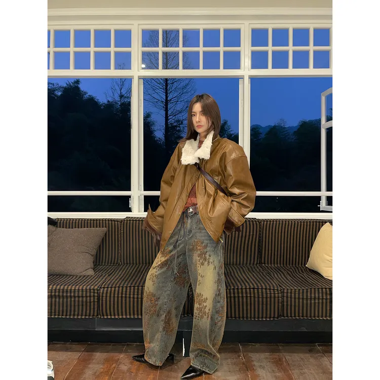 JCCC影子【丹宁花影】复古蓝复古植绒提花弯刀阔腿牛仔裤JE5PNK11