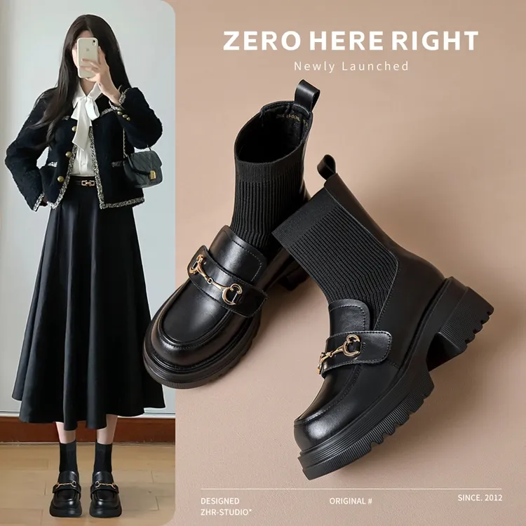 ZHR/则则圆头休闲风瘦弹力靴百搭欧美风英中筒切尔西冬季袜靴靴子