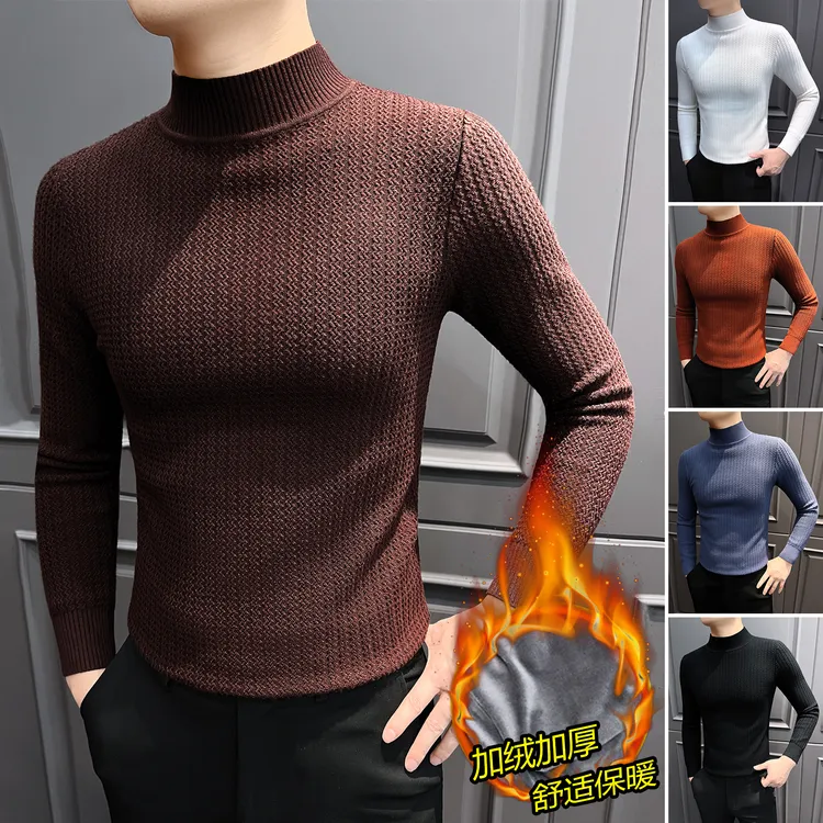 加绒加厚半高领毛衣男款冬季款高级感男装针织长袖内搭男士打底衫