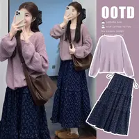 时尚孕妇秋季新款温柔感穿搭针织上衣+碎花半身裙两件套孕妇套装