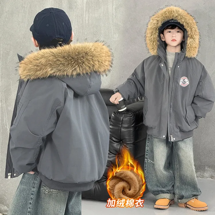 男童加绒加厚毛领棉服外套冬季6-12岁中大童帅气棉衣儿童上衣男孩