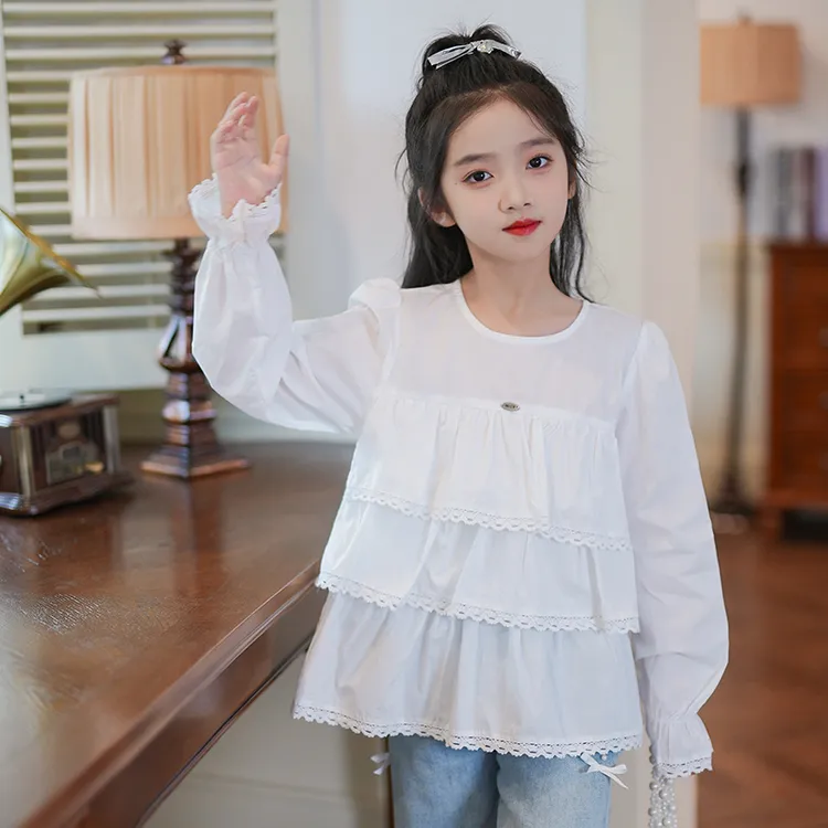 0769612女童衬衣法式蕾丝娃娃衫衣服2025新款秋装中大童衬衫裤子