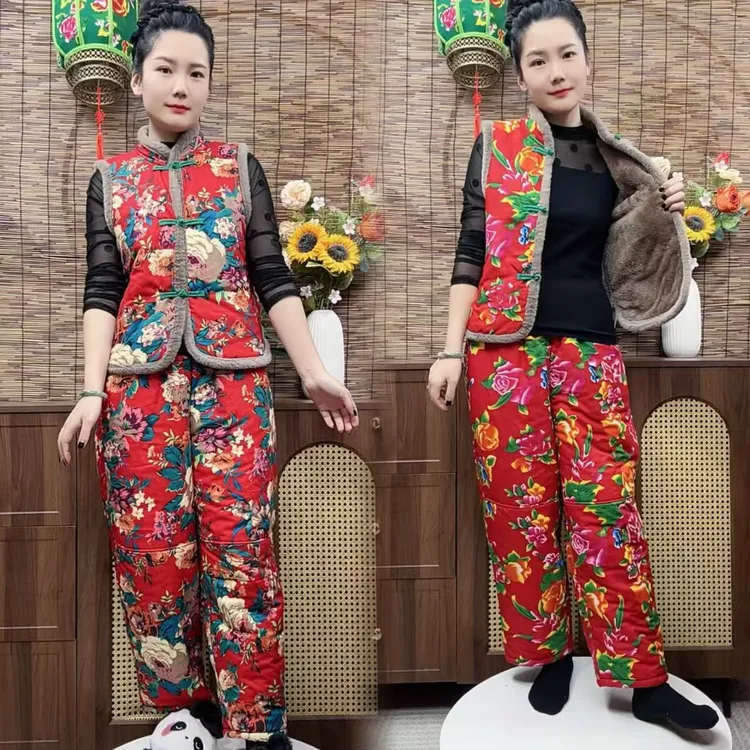 东北大花马甲套装加绒厚马夹年会打鼓秧歌广场舞坎肩演出服民族风