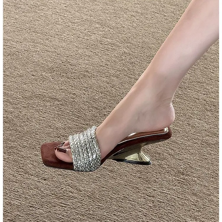 绝美一字拖凉鞋女夏季外穿2025新款网红水钻带绒面气质高跟凉拖鞋