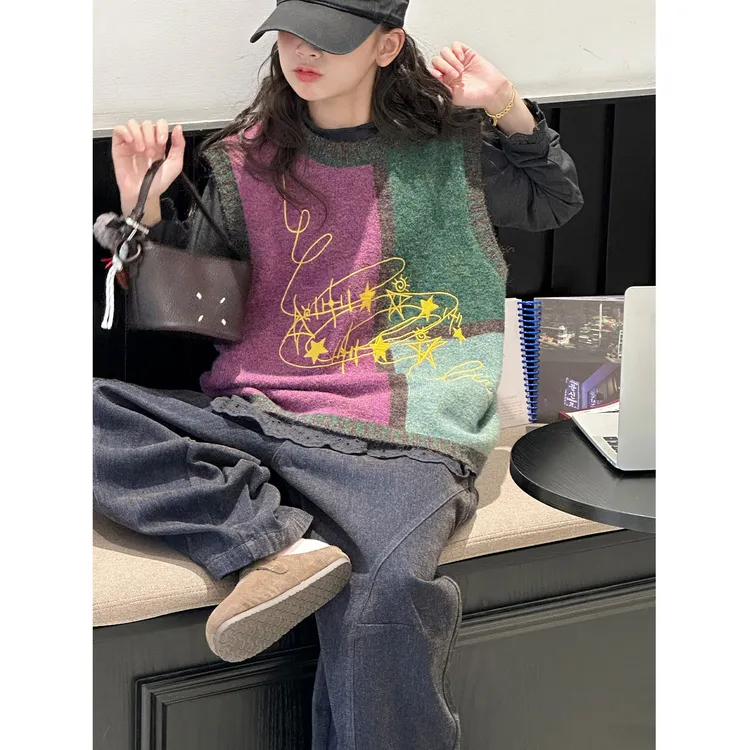 K29653孙小美复古撞色女童毛衣背心2025秋装新款儿童上衣针织衫潮