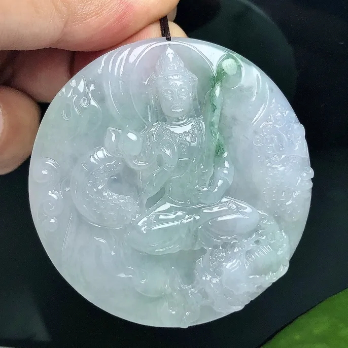 缅甸天然翡翠A货，冰润飘花御龙观音吊坠冰透精雕正品观音翡翠玉坠