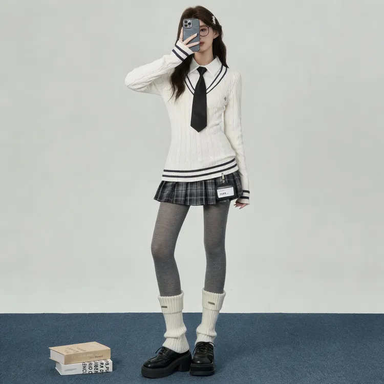 美式学院风Polo领上衣女新款小个子辣妹风格子百褶半身裙两件套装