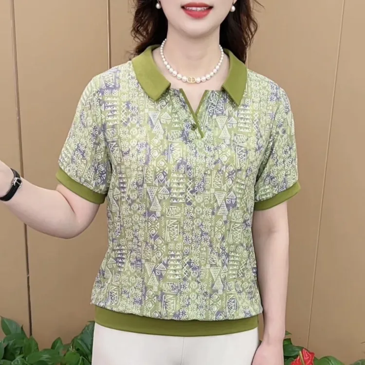 中老年女装撞色拼接衬衫领短袖上衣休闲百搭夏季薄款减龄T恤衫女