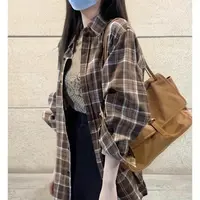 「涵涵家」复古格纹长袖衬衫女洋气显瘦穿搭宽松型上衣#8371