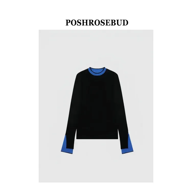 【POSHROSEBUD】蓝黑拼色针织毛衫Y-623