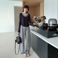 韩系松弛感宽松显瘦松紧腰极简高腰直筒休闲裤长裤卫裤