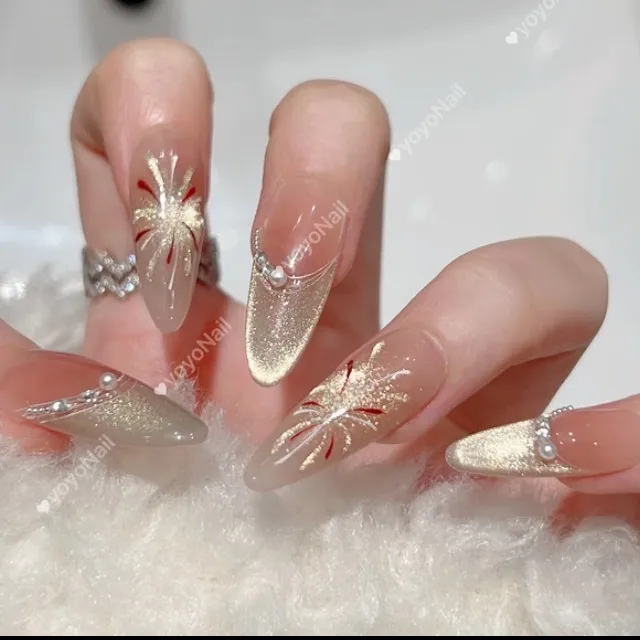 纯手工【烟花易冷】猫眼穿戴甲追光晕染锆石镶钻美甲贴片爆款长椭圆