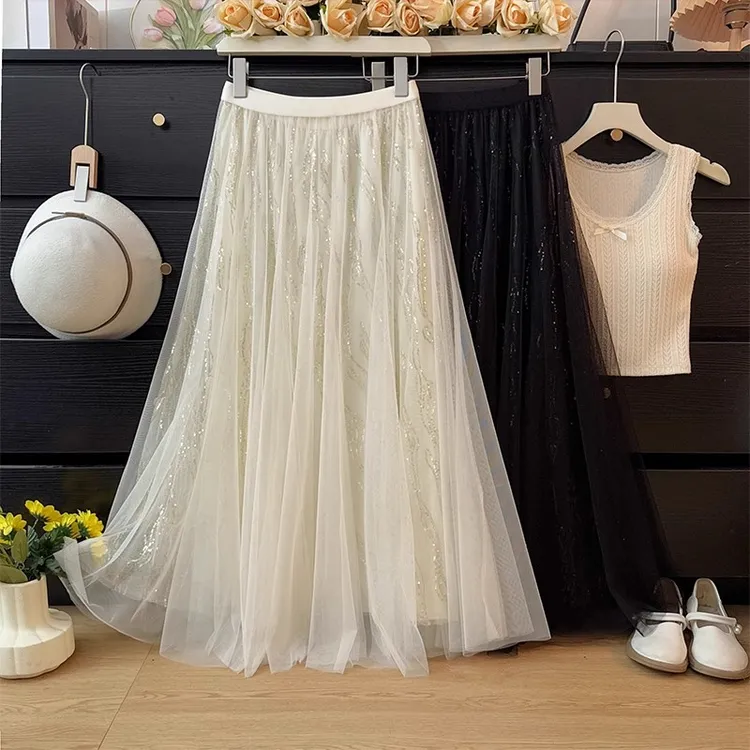 法式高级感闪闪亮片网纱半身裙女夏季2025高腰A字镂空蓬蓬大摆裙