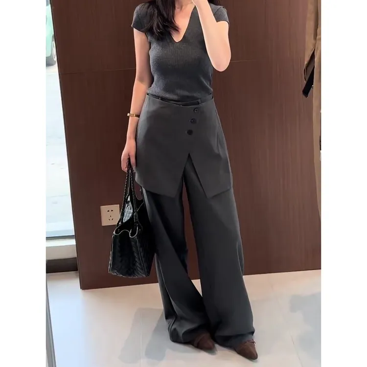 韩系高级感屁帘西装裤高腰直筒裤女秋季新款假两件高腰灰色长裤子