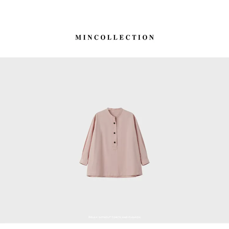 DE Mincollection灰粉衬衫/日系半开襟小立领豆沙粉纯棉衬衫55211