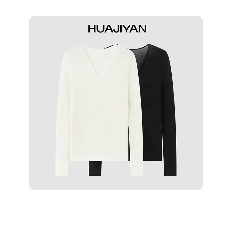 华吉言/HUAJIYAN【本初】银爽丝圆V领宽松毛织长袖T恤