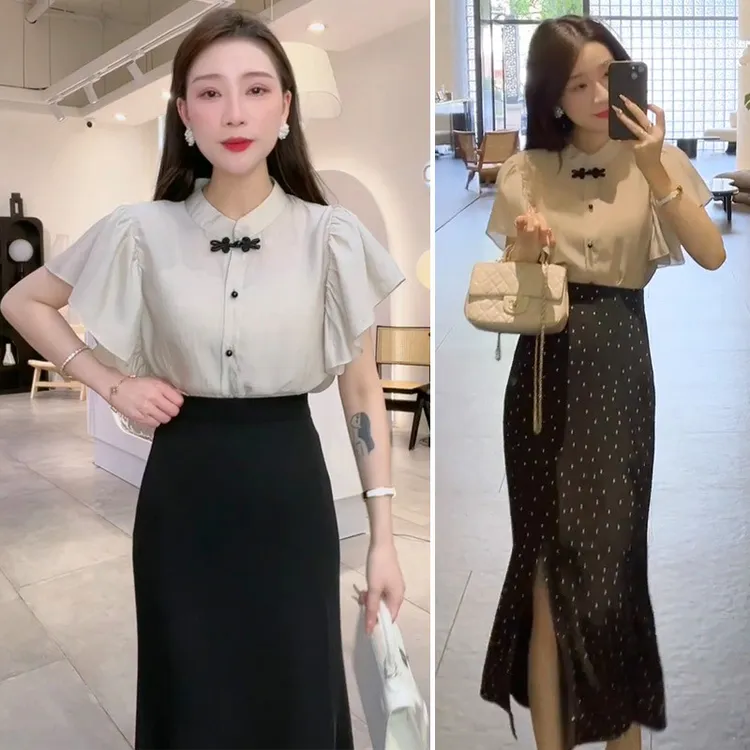 时尚套装立领荷叶边小飞袖衬衫女上衣夏季高腰中长垂感开叉半身裙