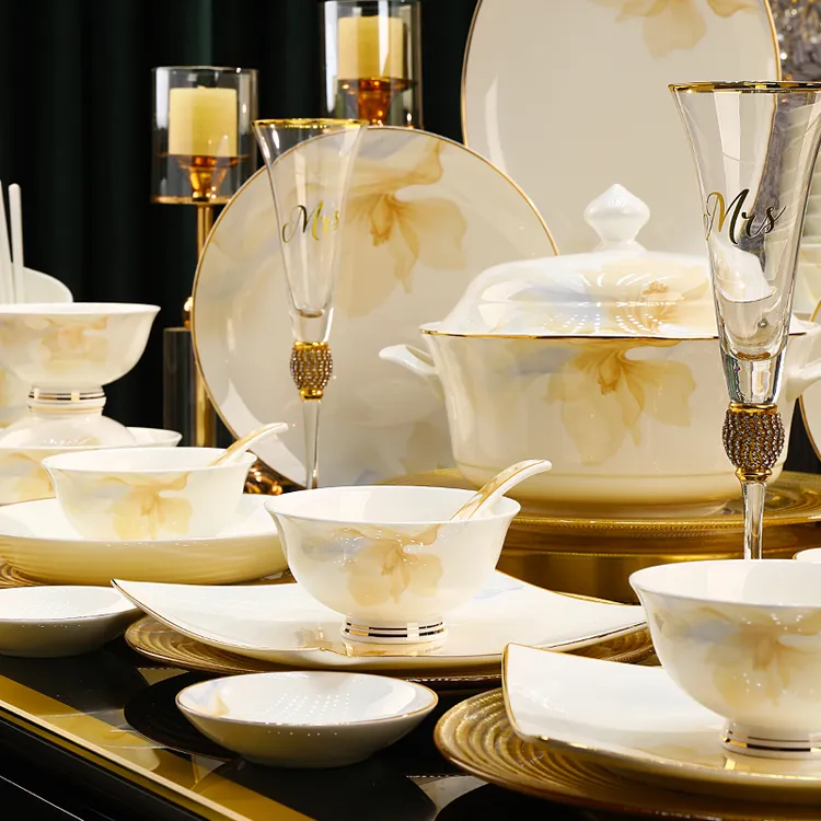 荷语流芳景德镇新中式高档陶瓷餐具套装碗盘碟家用乔迁送礼