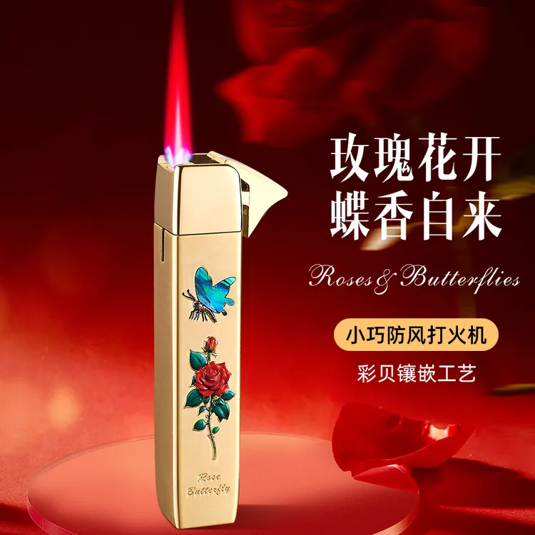 玫瑰蝴蝶防风打火机充气ins创意个性高颜值防风直冲红焰礼物女友