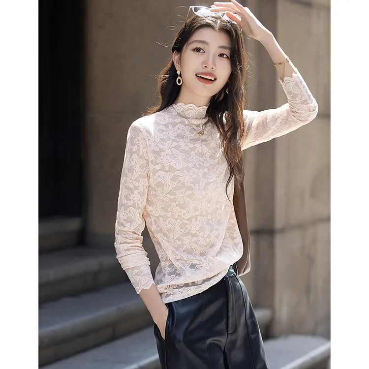 dme德·玛纳蕾丝秘境秋季优雅风半高领打底衫微弹藏肉气质女式t恤