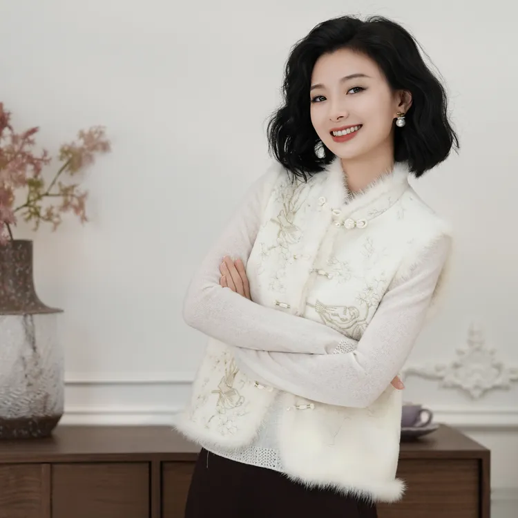 西子/【喜鹊登梅】进口水貂拼接羊毛重工刺绣白色马甲/MJBH2158