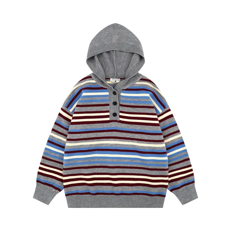 美式复古休闲宽松运动拼色条纹连帽毛衣针织毛线套头帽衫中性风
